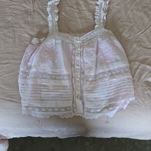 LoveShackFancy LSF Small Pink Lace Trim Top